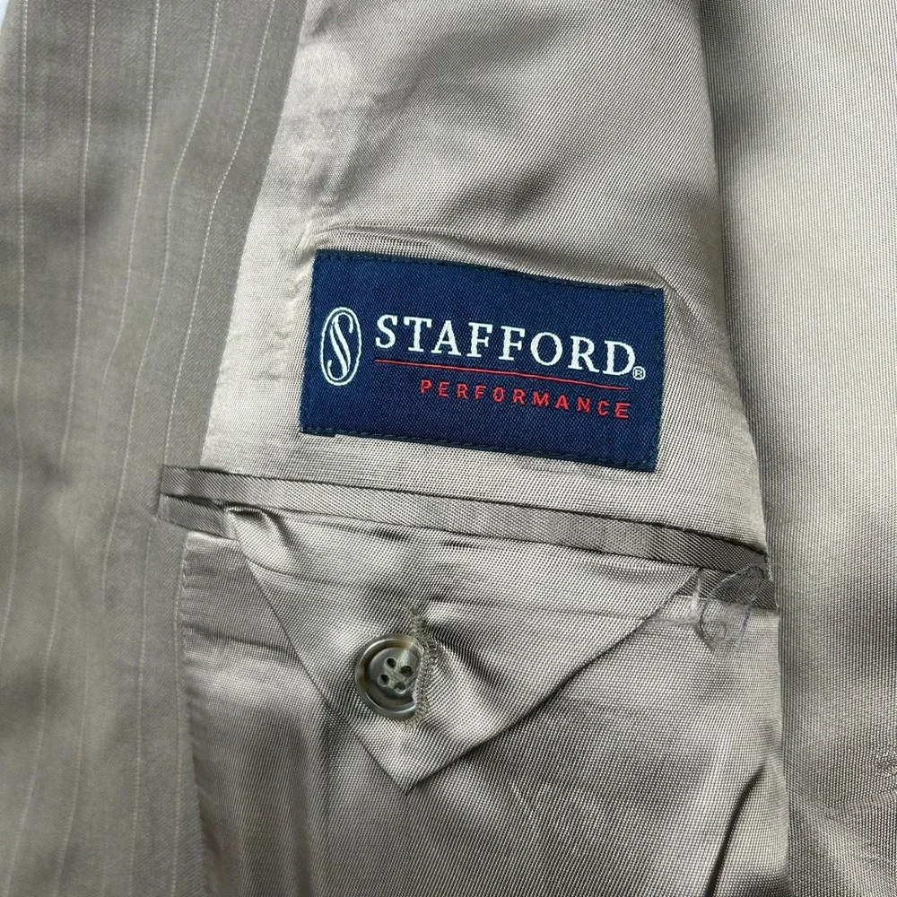 Stafford Performance Classic Fit Worsted‎ Wool Blazer Mens 48R Taupe Striped NEW